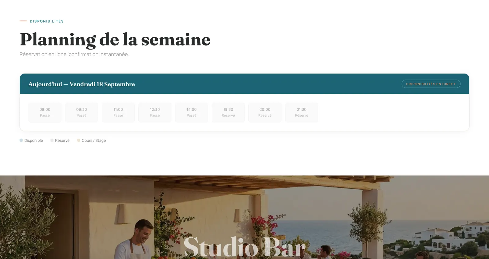 Padel Studio — planning de réservation de terrain en temps réel, disponibilités en direct