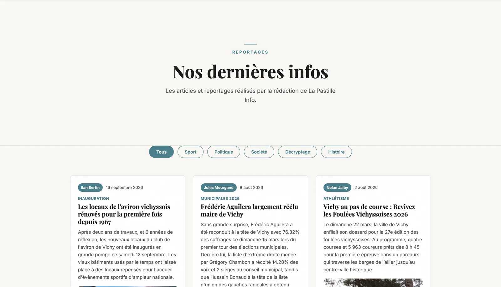 La Pastille Info — liste des reportages, filtrable par catégorie
